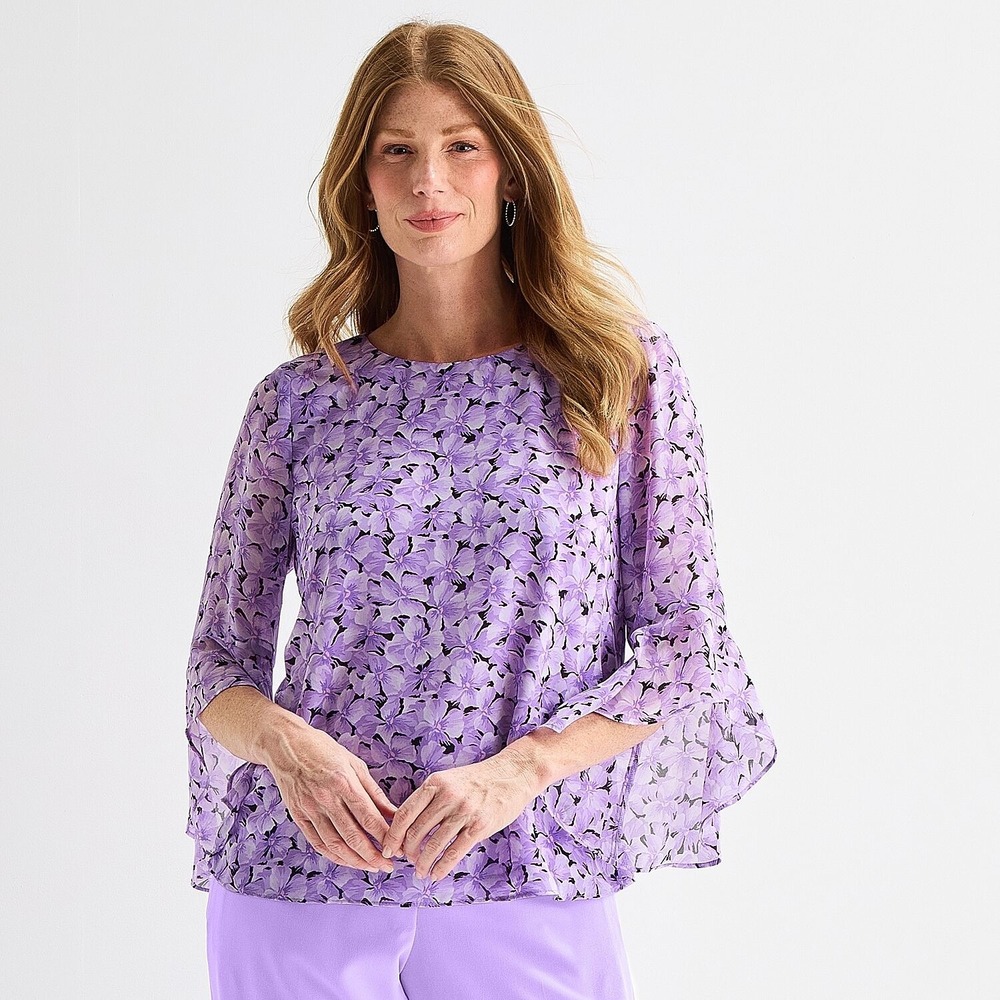 NWT Black Label by Evan-Picone Womens L Lavender 3/4 Sleeve Blouse Round Neck